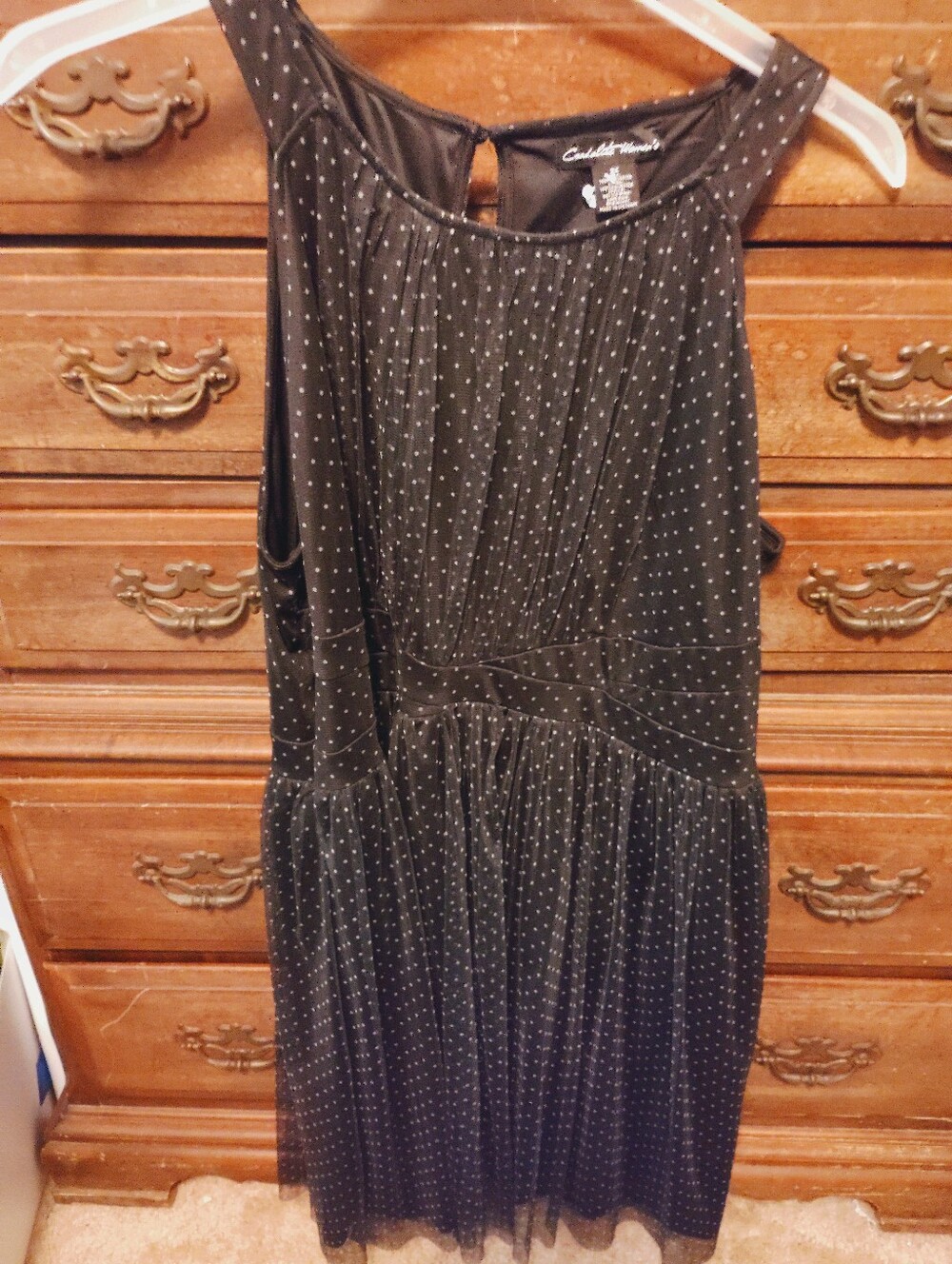 Knee Length Black with White Polkadot Chiffon Overlay